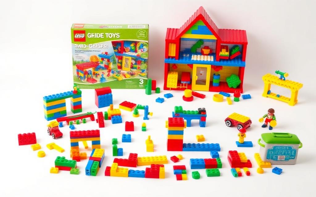 Colourful toy building brick sets and models