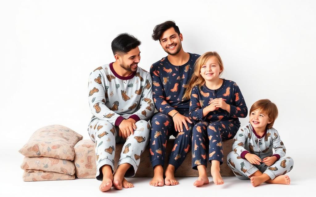Family wearing matching printed pyjama sets